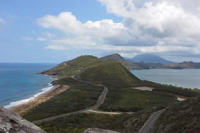 Twin bays below Timothy Hill on the St Kitts south peninsula, Nevis beyond